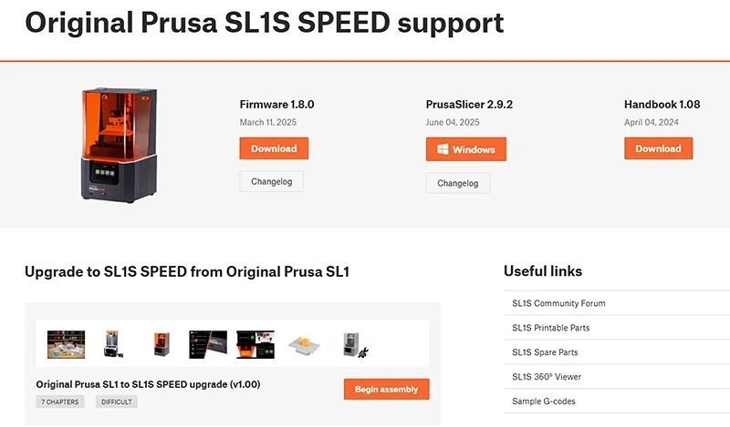 Prusa SL1S SPEED support page featuring firmware update and PrusaSlicer details, with 3D printer image and upgrade options.