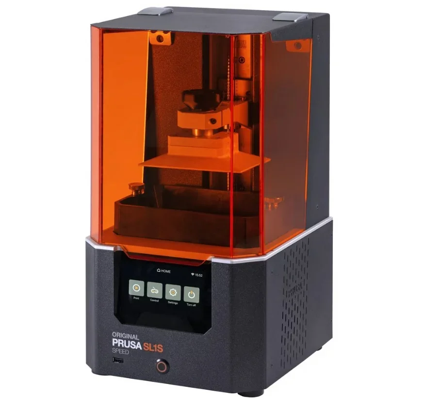 Prusa SL1S 3D printer with orange-tinted cover, touchscreen interface, showcasing precise printing mechanism.