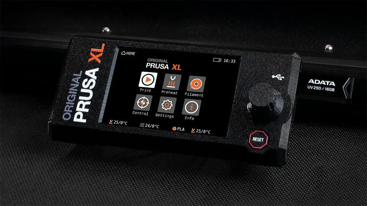 Prusa XL control panel displaying options and temperatures, with minimal branding and a USB drive inserted.