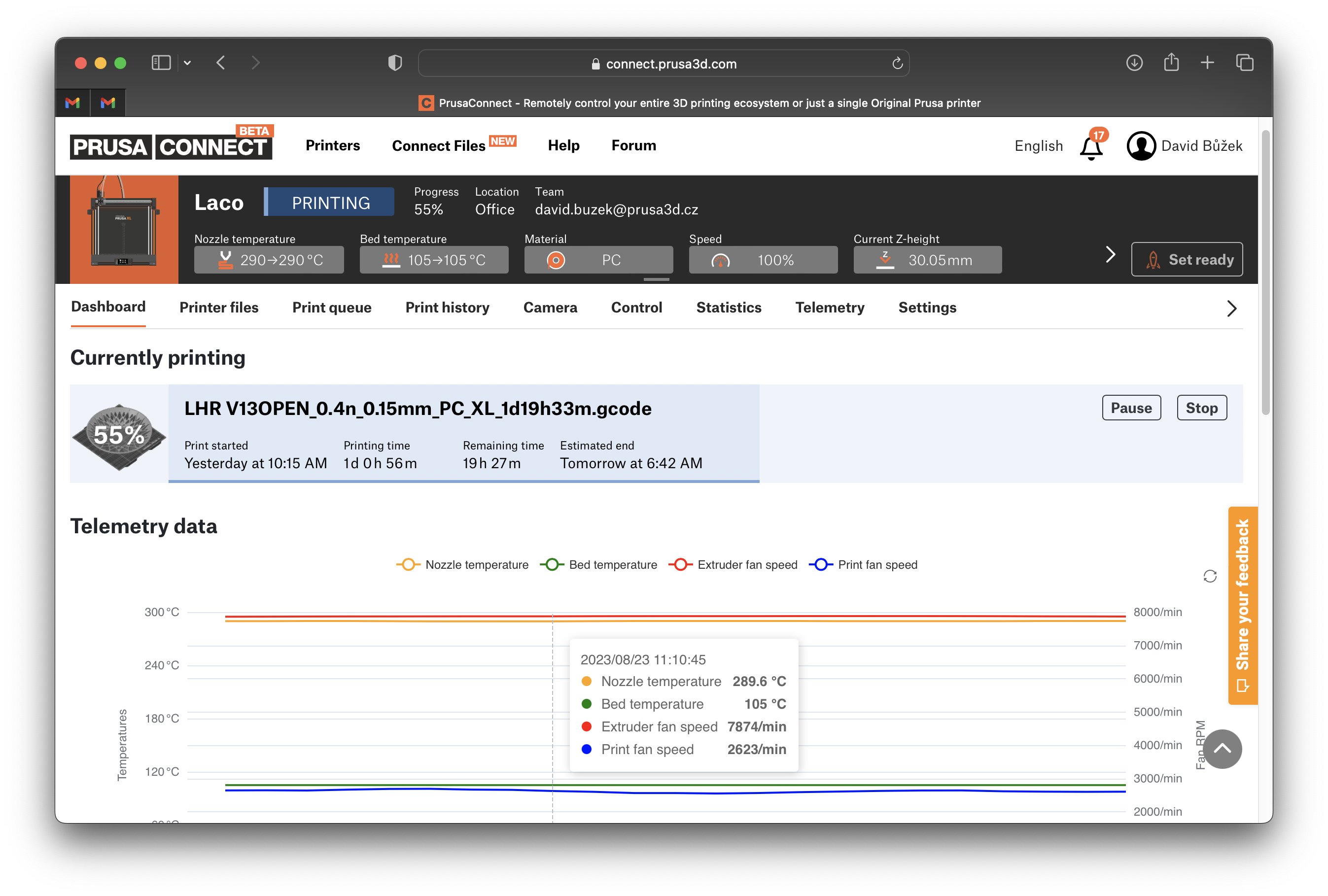 Prusa Connect interface showing Prusa XL 3D printer status, print file, progress, telemetry data including nozzle and bed temperature, fan speeds.