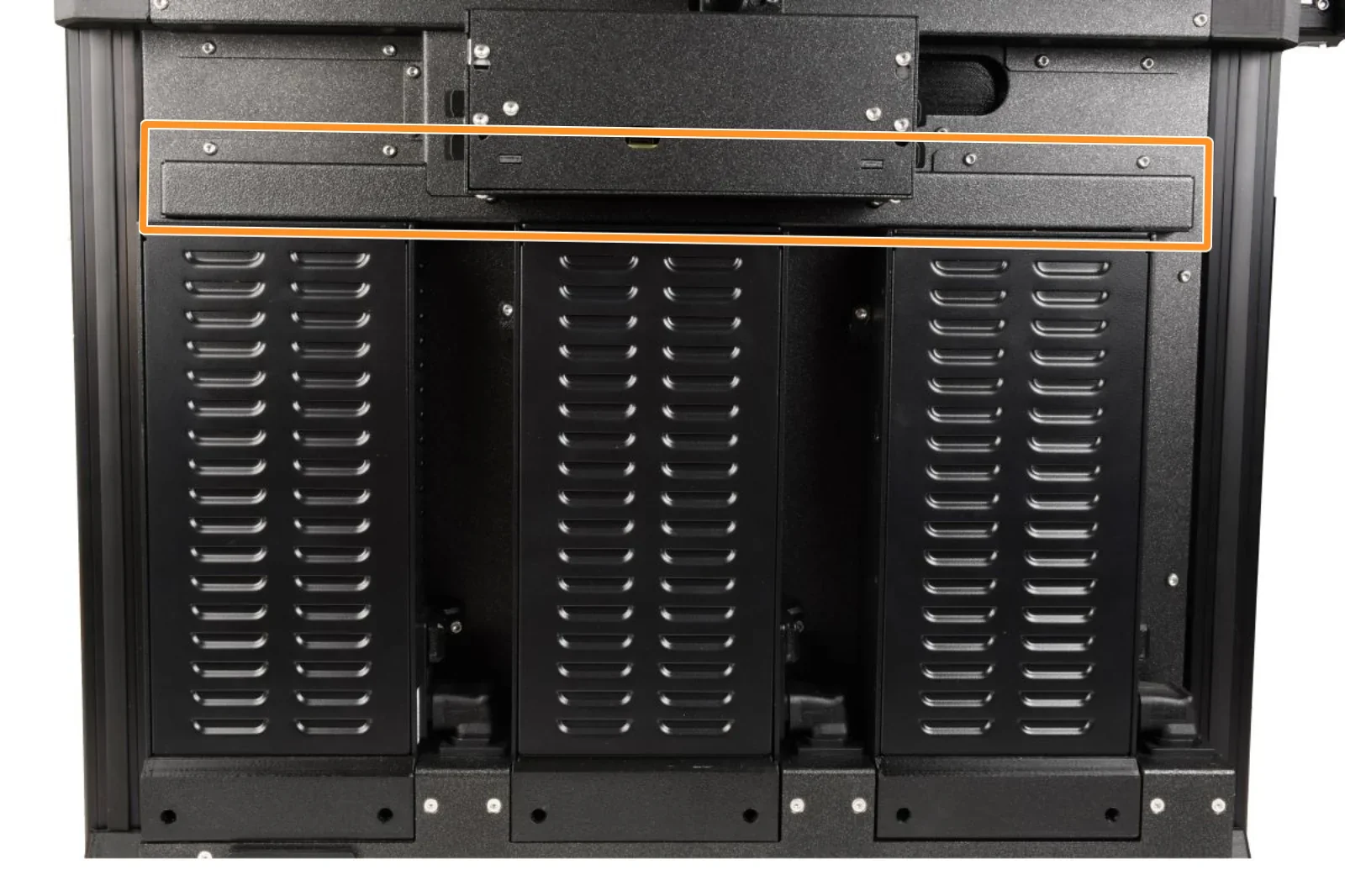 Prusa XL printer's sleek black exterior with detailed ventilation panels, highlighting precision design elements and technological sophistication.