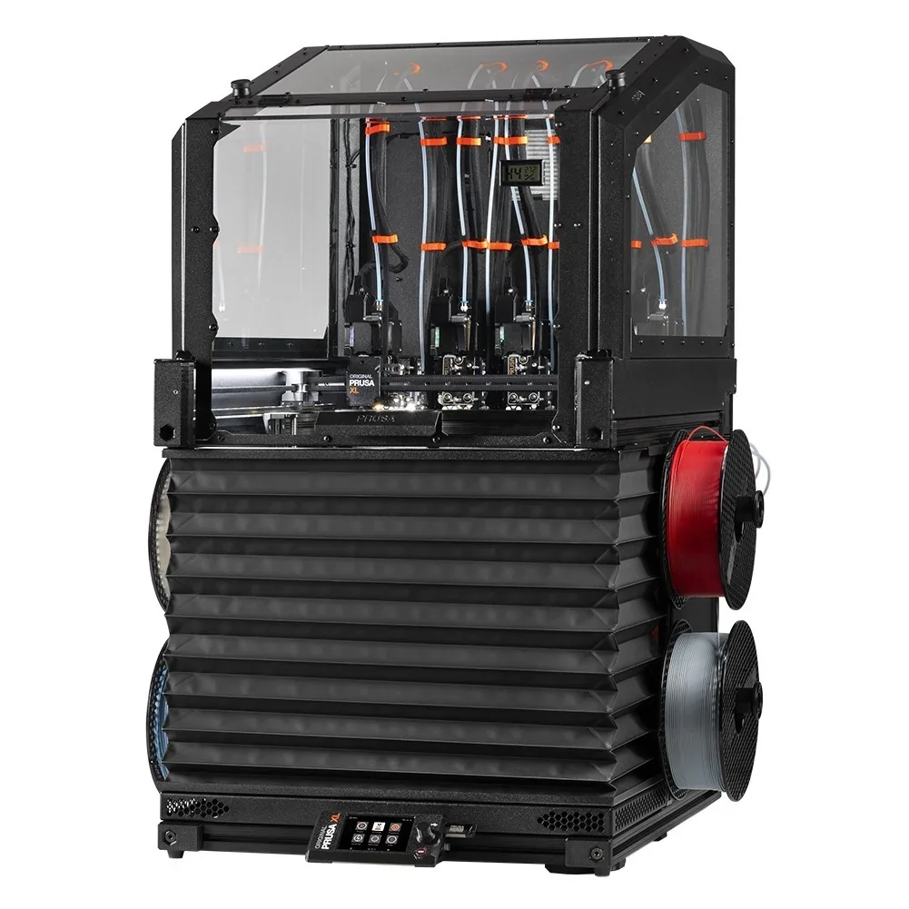 Prusa XL 3D printer with multiple filaments and spools, enclosed in a clear case, showcasing advanced printing technology and efficient design.