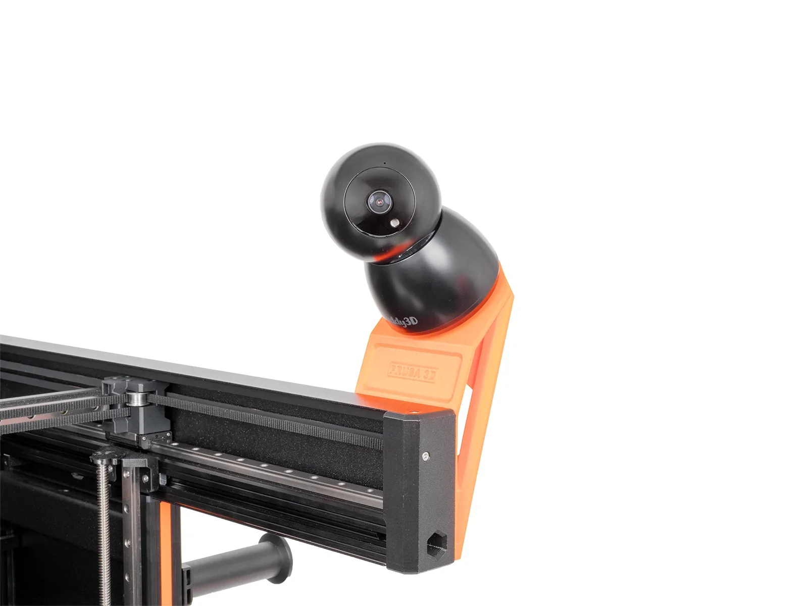 Prusa XL 3D printer camera mount with black camera on orange bracket attached to printer frame, showcasing essential hardware components.