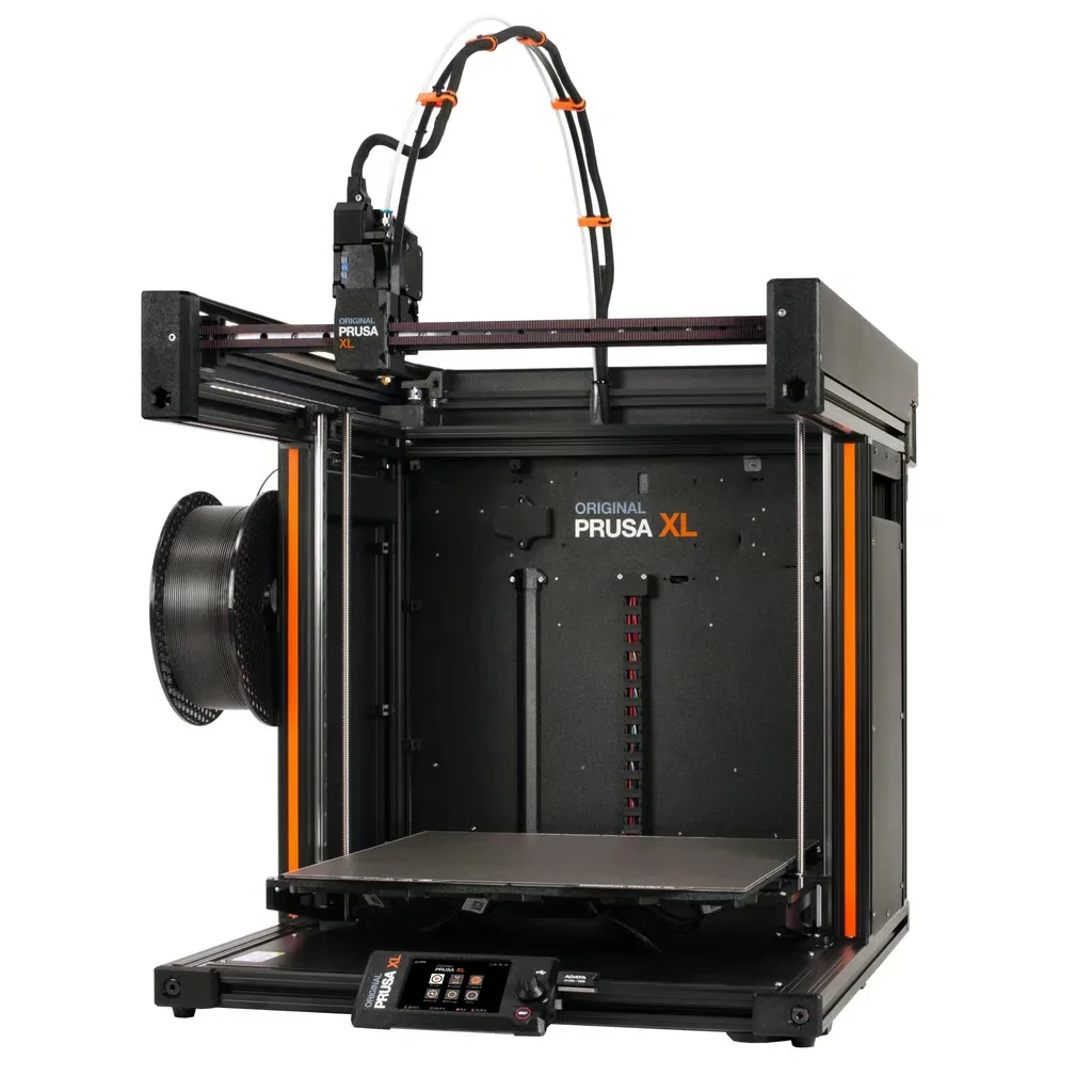 Prusa XL 3D printer with sleek black frame, filament spool, touchscreen, and branding; capable of producing large-scale projects.
