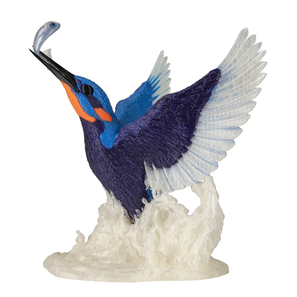 3D-printed blue bird on water splash, detailed with vivid colors, created by Prusa XL.