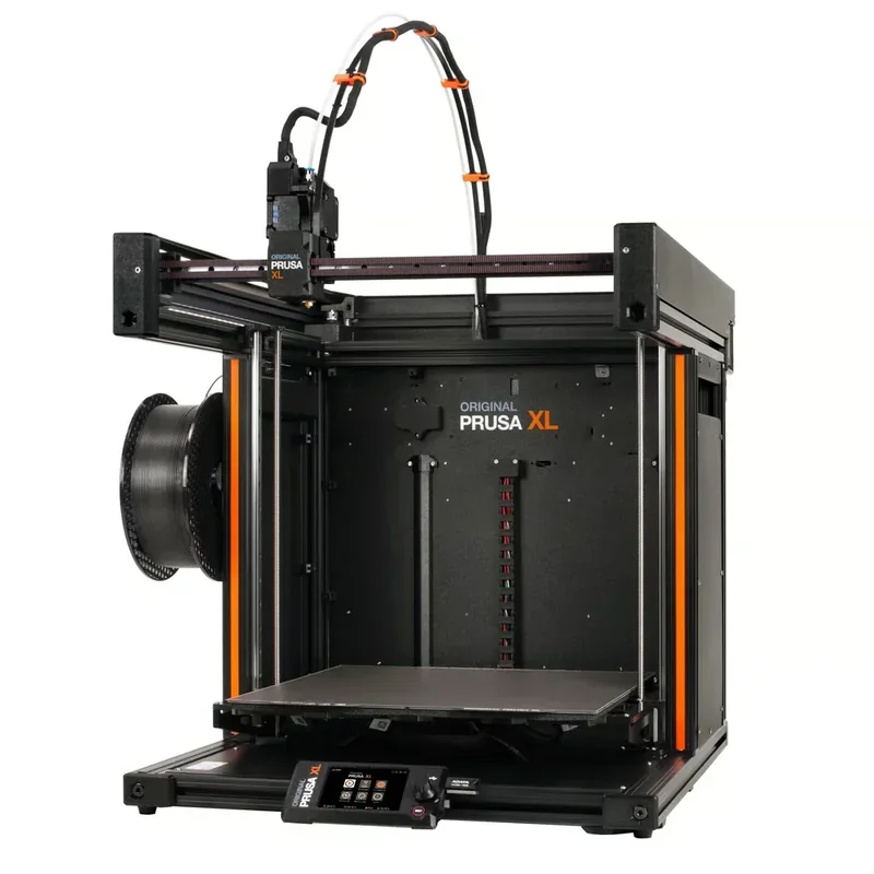 Prusa XL 3D printer with black and orange design, large build volume, filament spool, and display screen branded with "Original Prusa XL".