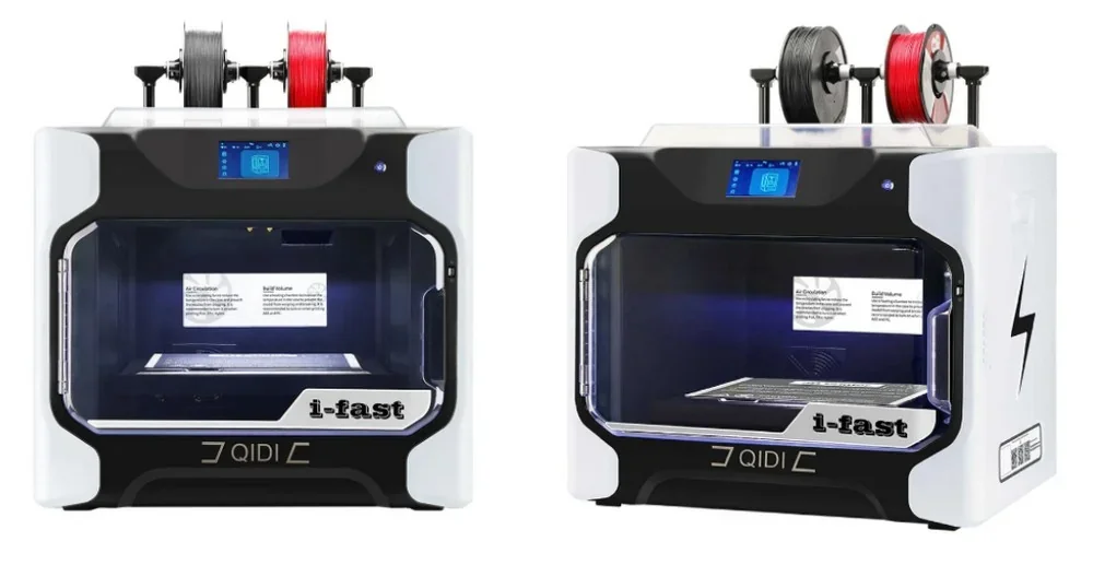 QIDI I-Fast 3D printer with two spools, dual extruders, and touchscreen, showcases brand design.
