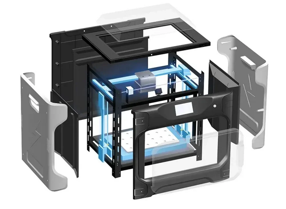 Exploded view of Qidi I-Fast 3D printer showcasing its frame, components, and outer panels, emphasizing construction and design elements.