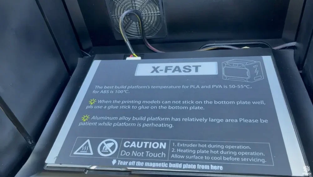 Qidi i-Fast 3D printer's heated build platform with temperature guidelines and safety warnings for PLA, PVA, and ABS materials.