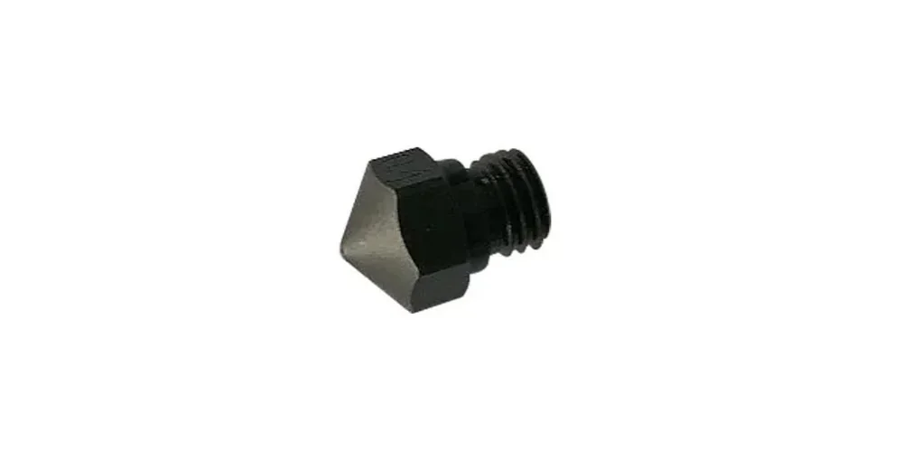 Black, metallic 3D printed nozzle part with threads, showcasing Qidi I-Fast's precision in crafting components.