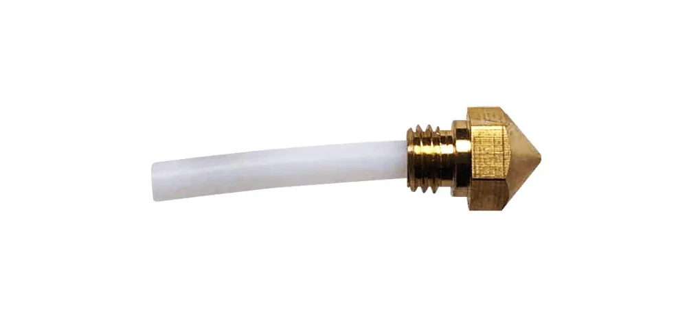qidi i-fast nozzle assembly with brass threads and a white tube, showcasing a part likely used in the 3D printing process.