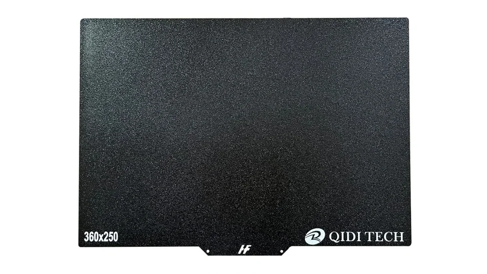 QIDI i-Fast 3D printer flat black build surface with QIDI TECH logo and dimensions 360x250 displayed prominently, shows textural detail.