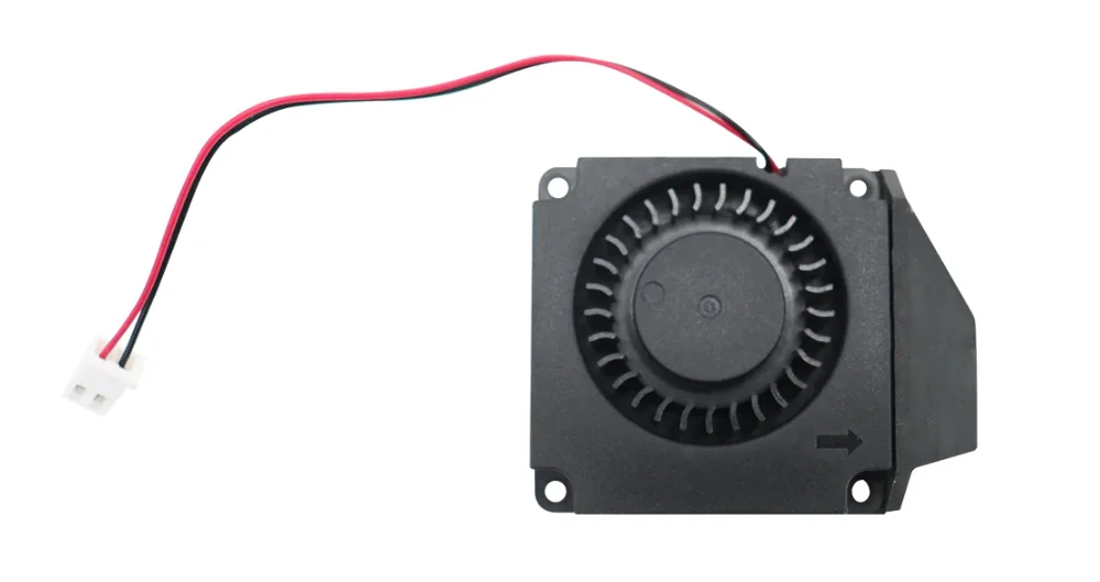Cooling fan component from the Qidi I-Fast 3D printer, featuring black housing and red-black wires, essential for efficient heat dissipation.