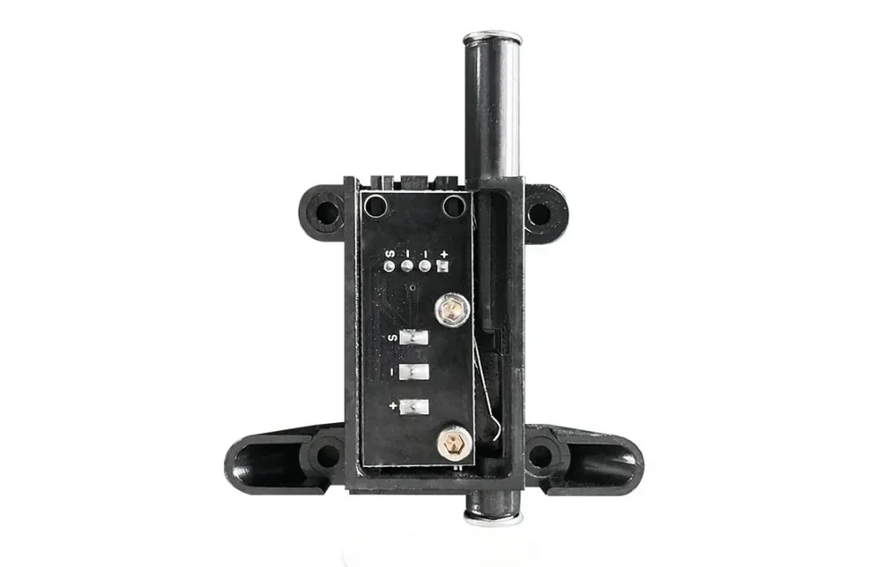 Black plastic component with screws and circuit board, created by Qidi I-Fast 3D printer. Features metal rod and mounting holes for mechanical use.