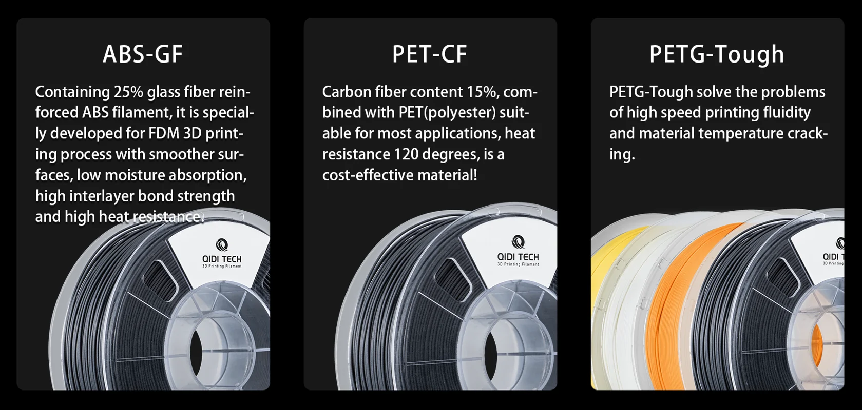Three Qidi Tech 3D filament spools labeled ABS-GF, PET-CF, PETG-Tough, highlight materials designed for Qidi X Max 3D printing efficiency.