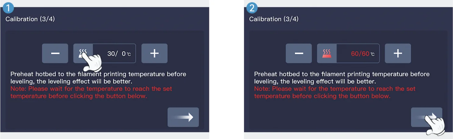Calibration screen for Qidi X Max 3D printer, showing temperature settings and adjustments for preheating the hotbed, emphasizing the calibration step.