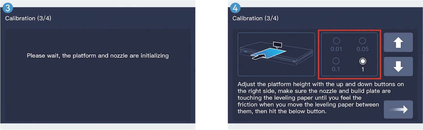 Qidi X Max 3D printer calibration instructions showing platform and nozzle initialization, adjustment levels, and directional controls on-screen.