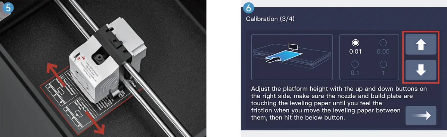 Qidi X Max 3D printer calibration guide showing nozzle alignment and platform height adjustment instructions with directional arrows and text.