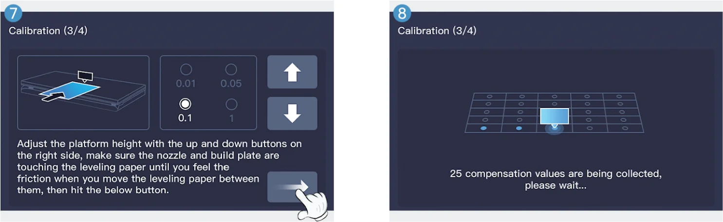 Qidi X Max calibration screen with platform height adjustment instructions and compensation values collection for precision 3D printing.
