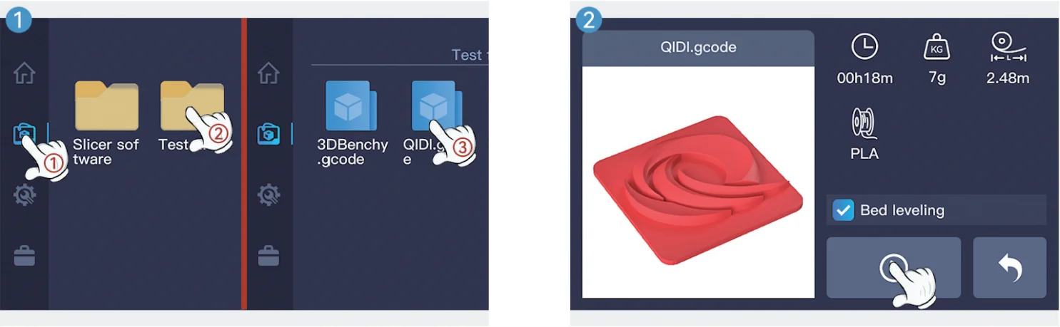 Interface of QIDI X Max 3D printer showing file selection and printing settings. Display includes QIDI.gcode file and print details like time and filament.