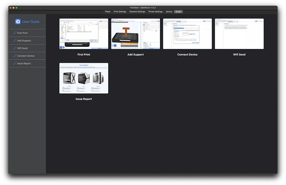 Qidi X Max guide with software interface showing first print, add support, connect device, and wifi options, plus detailed issue report section.
