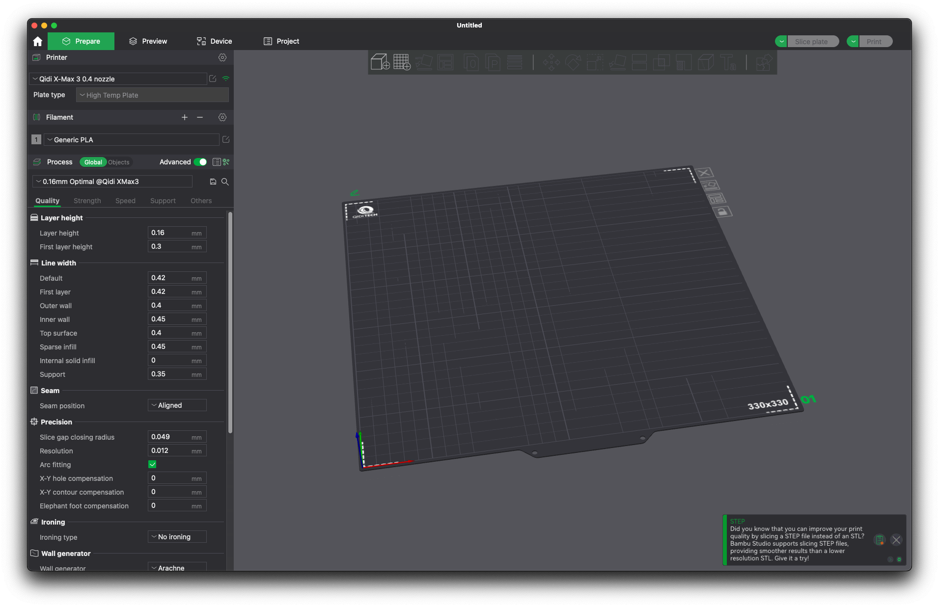 Qidi X Max 3D printer setup interface displaying settings like layer height and precision controls with plate dimensions on screen.