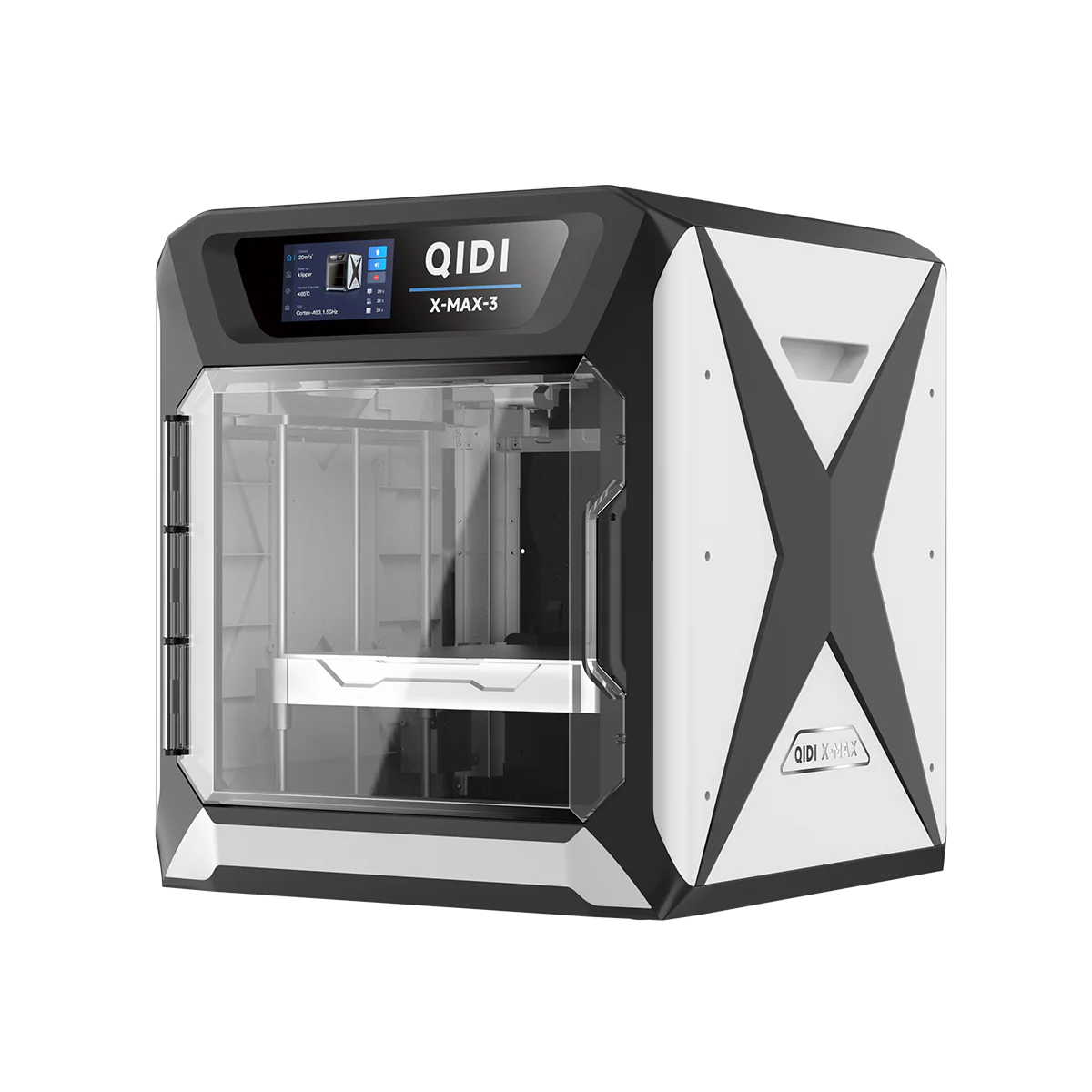 Qidi X Max 3D printer with transparent door, control panel, and sleek black and white design.