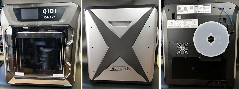 Qidi X Max 3 3D printer shown front, side, and back, displaying a clear enclosure, silver X-pattern side panel, and rear spool holder with branding.