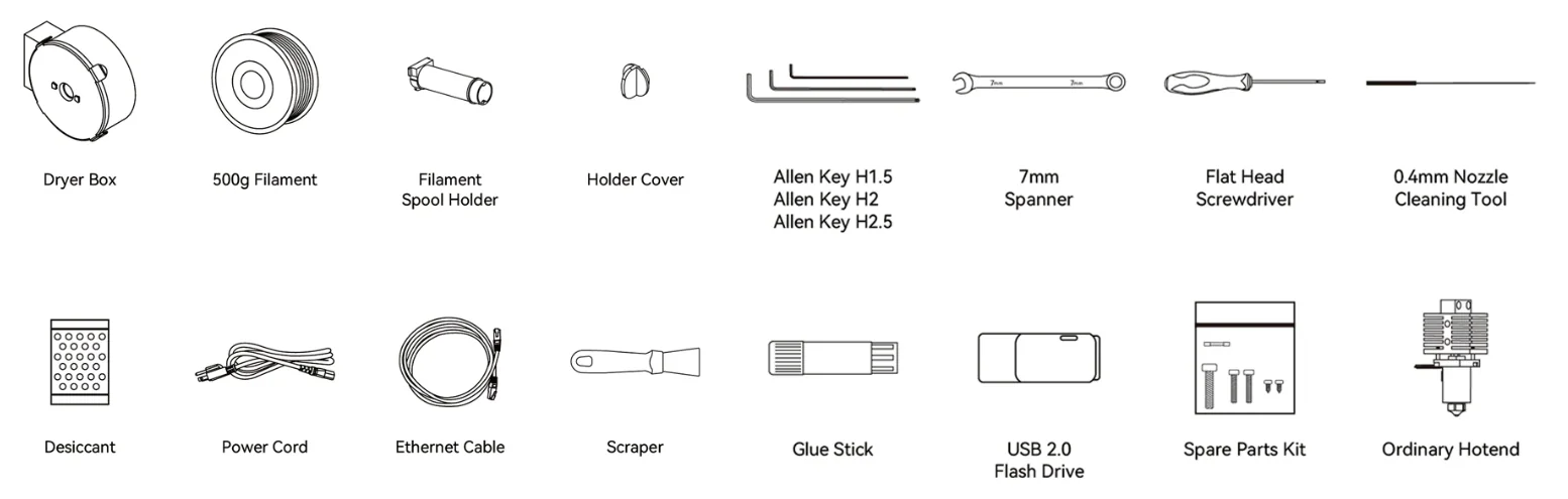 Qidi X Max accessories including dryer box, filament, spool holder, allen keys, spanner, screwdriver, cleaning tool, cords, scraper, USB, and hotend.