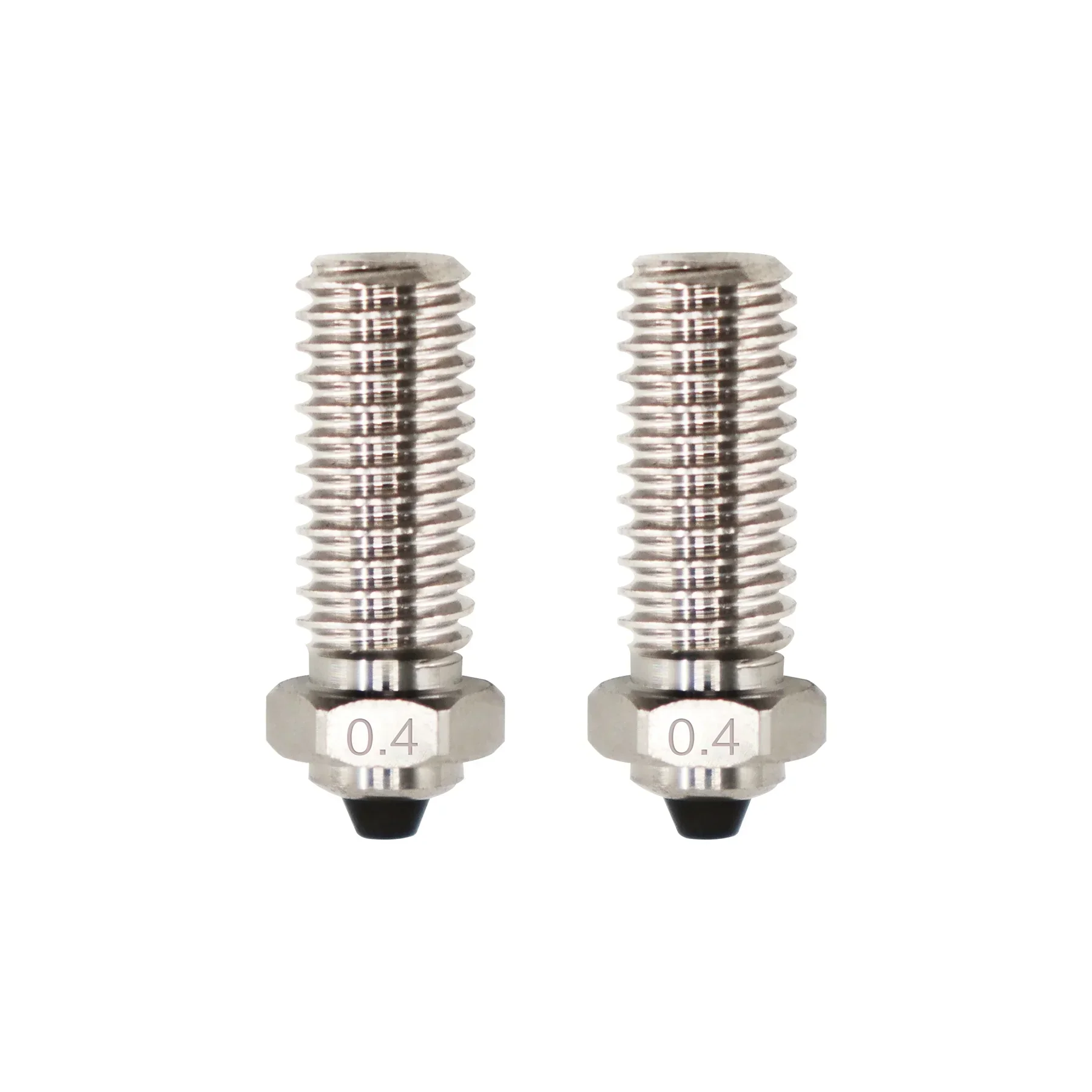 Two silver threaded nozzles, marked 0.4, for Qidi X Max 3D printer, used for precise filament extrusion, displayed against a white background.