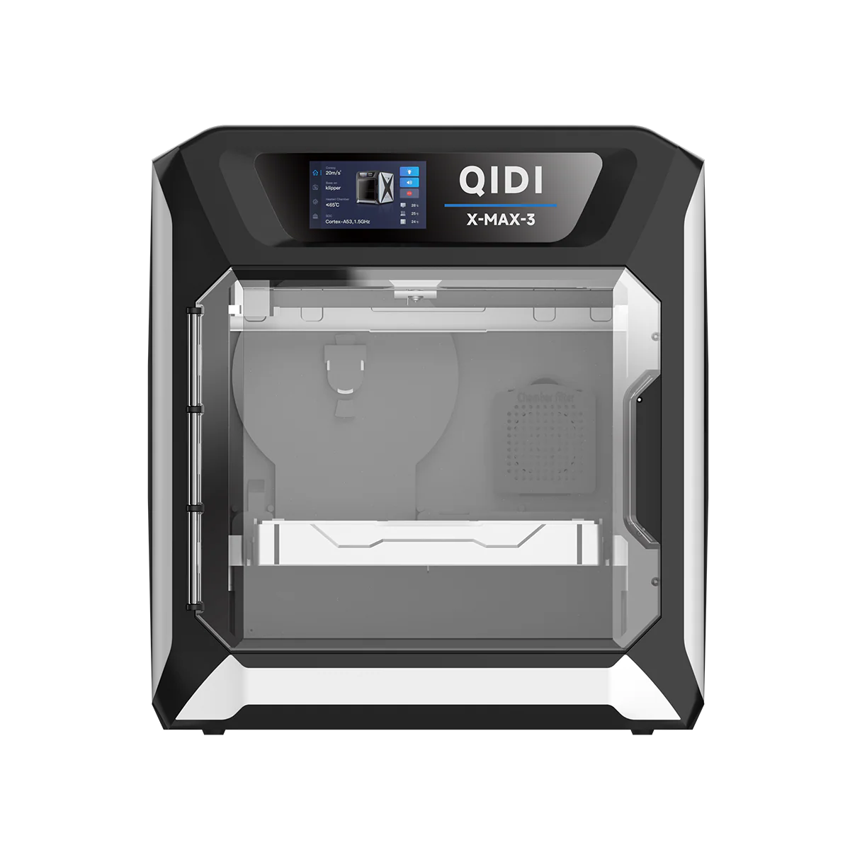 Qidi X-Max 3 3D printer with a sleek design, featuring a front display and transparent door for part visibility, highlighting its advanced technology.