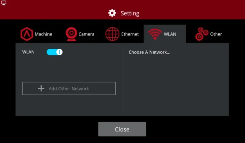 Raise3D E2 3D printer settings display showing WLAN options, network selection, and connectivity icons under a red header.