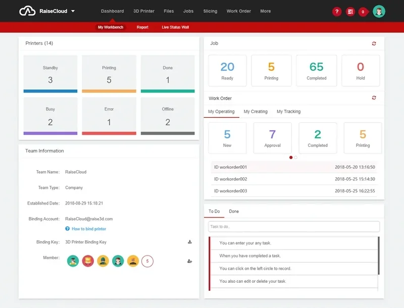Raise3D E2 dashboard interface shows printer status, job details, team info, and work order tracking. Efficiently manages 3D printing operations.