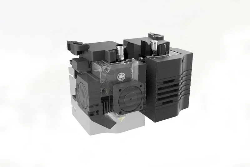 Raise3D E2 3D printer dual extruder in black, featuring cooling vents and precision nozzles, designed for high-quality object creation.