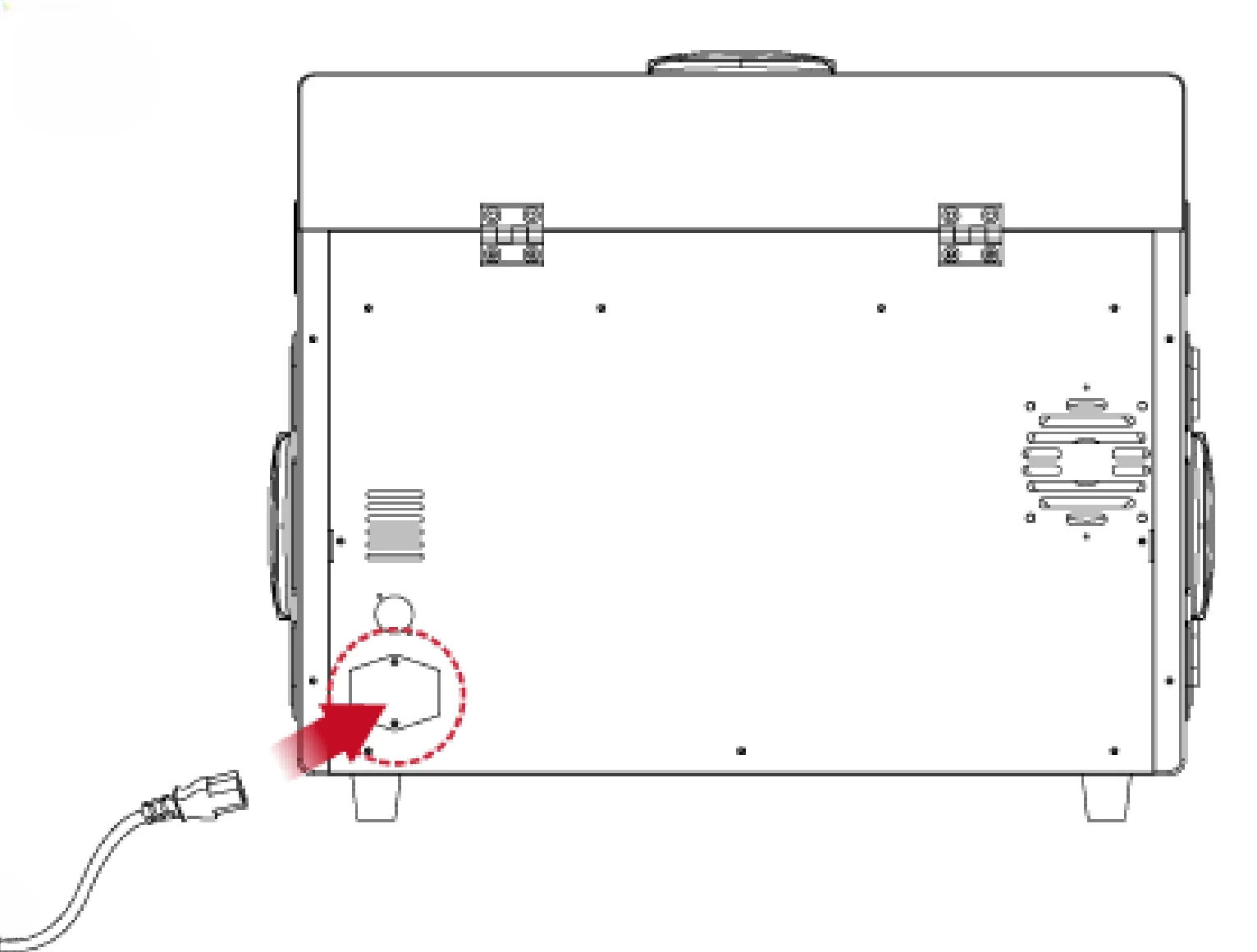 Raise3D E2 rear diagram showing power inlet with red arrow and unplugged cord, highlighting connectivity for 3D printed parts setup.