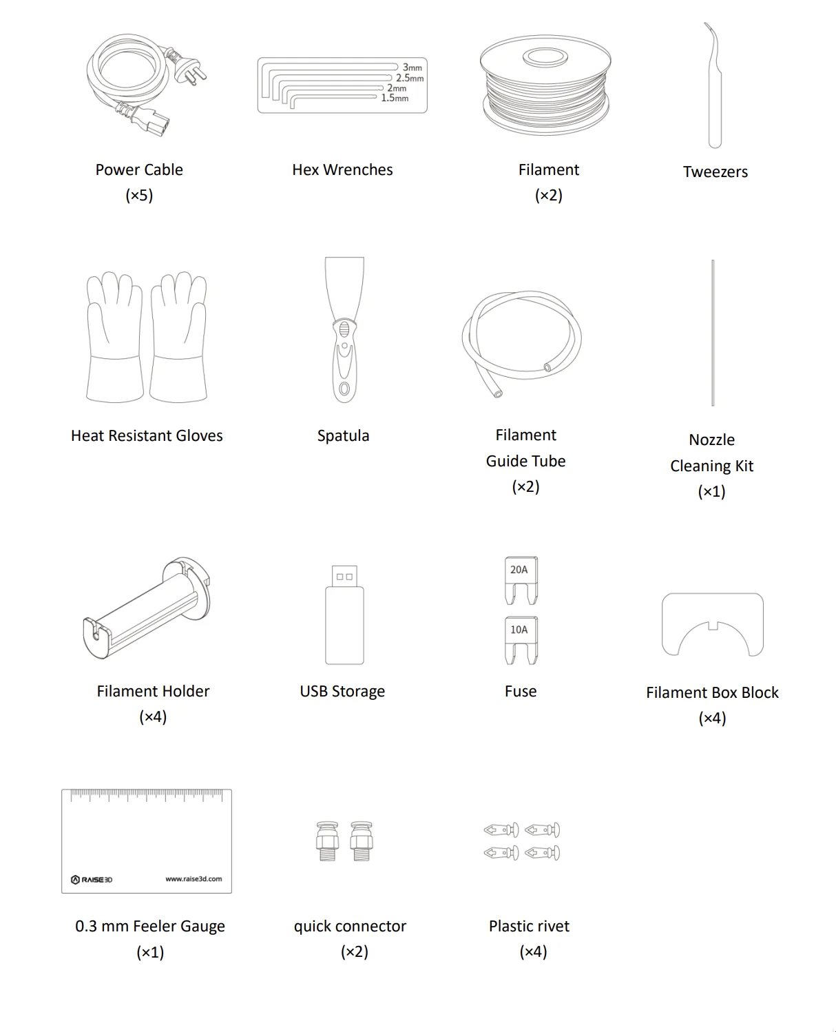 Raise3D E2 accessories: power cable, hex wrenches, filament, tweezers, gloves, spatula, guide tube, cleaning kit, USB storage, fuses, holder, and more.