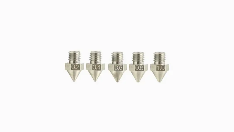 Raise3D E2 printer nozzles in varying diameters, labeled 0.2 to 1.0, neatly aligned against a white background, showcasing precision engineering.