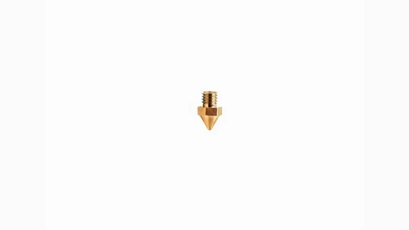 Brass nozzle for Raise3D E2 3D printer, essential component for precision filament extrusion, centered on a white background.