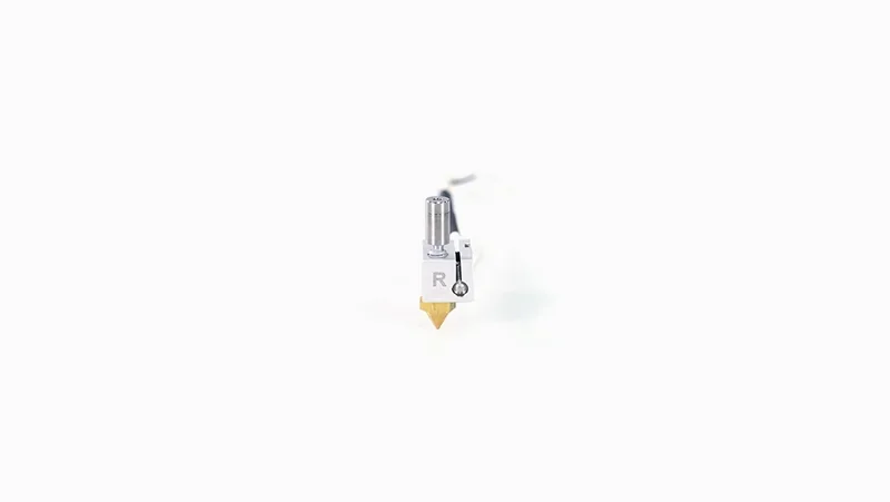 Raise3D E2 3D printer nozzle on white background, showing a metal structure with a brass tip, designed to create precise parts and samples.