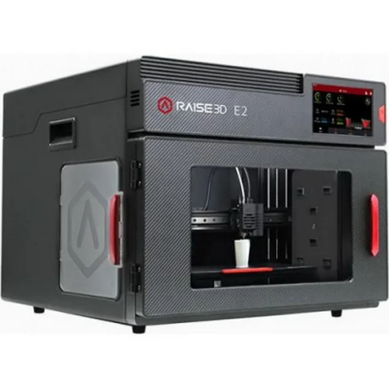 Raise3D E2 3D printer with visible branding, active printhead, red accents, and window showing a printed object in a sleek black design.
