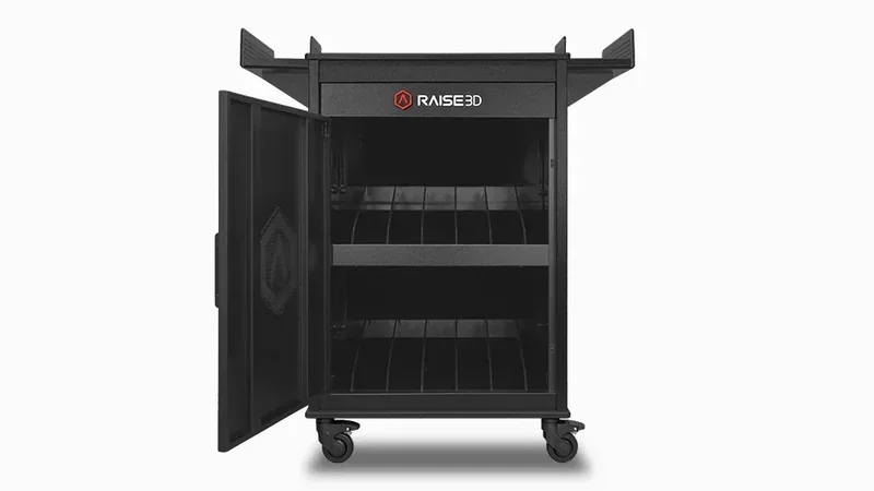 Raise3D E2 filament storage cart with open doors, revealing dual shelves designed for organized filament management, featuring the Raise3D logo.