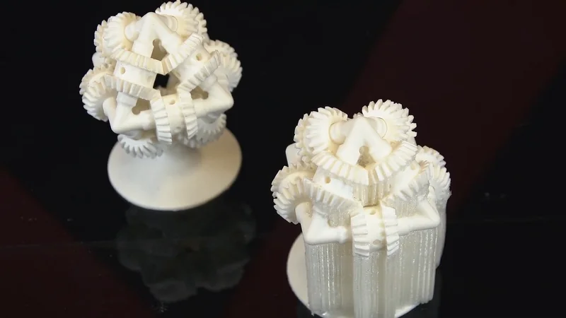 Intricate white geometric models with gear-like shapes 3D printed by Raise3D E2, displayed on a reflective dark surface.