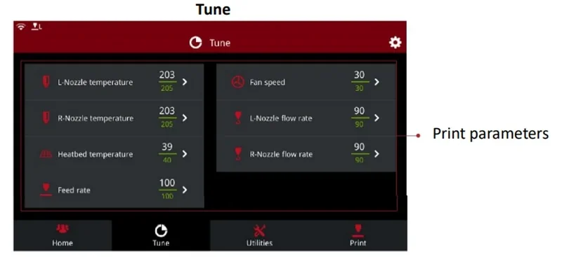 Raise3D E2CF screen shows print parameters for nozzle temp, fan speed, and flow rate. Control settings are for precision 3D printing.