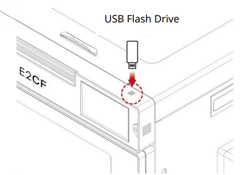 Raise3D E2CF illustration showing USB flash drive insertion point, highlighting connectivity feature.