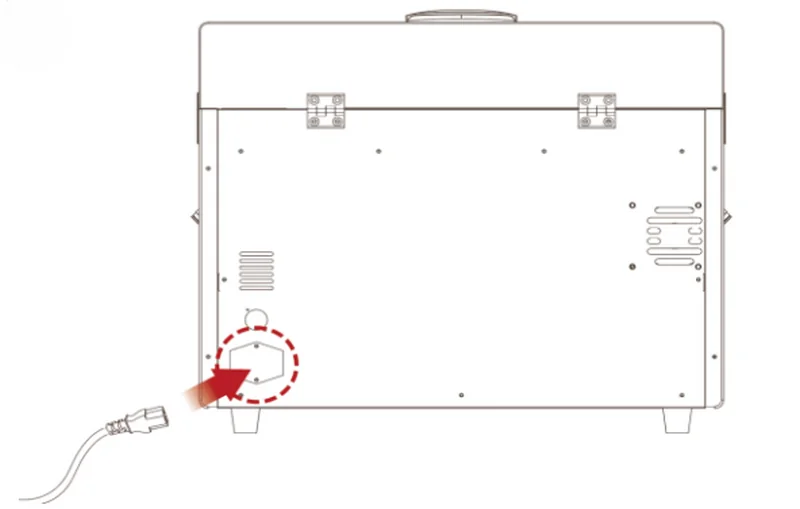 Raise3D E2CF schematic with highlighted power port area, cable connection, and mounting hinges visible, illustrating technical details.