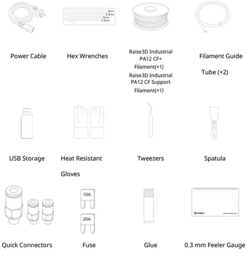 Raise3D E2CF accessories: power cable, hex wrenches, filament, filament guide, USB, gloves, tweezers, spatula, connectors, fuse, glue, feeler gauge.