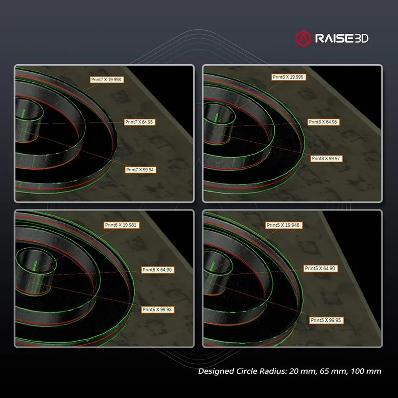 Raise3D E2CF printer comparison showing precision prints of varying circle radii, labeled dimensions, and branded in grayscale for technical illustration.