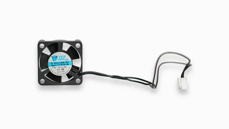 Cooling fan part for raise3d e2cf 3D printer with wires and connector on a white background.