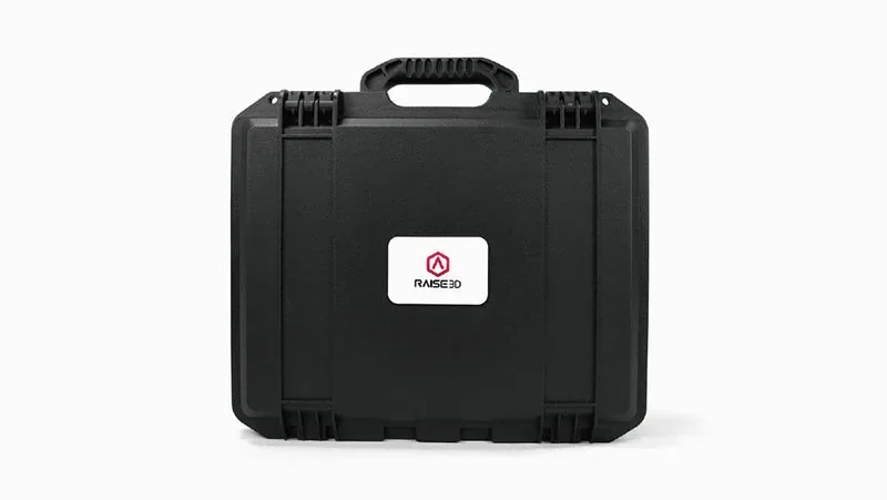Black carrying case with raised handle and Raise3D logo, designed for transporting Raise3D E2CF 3D printer parts and accessories.