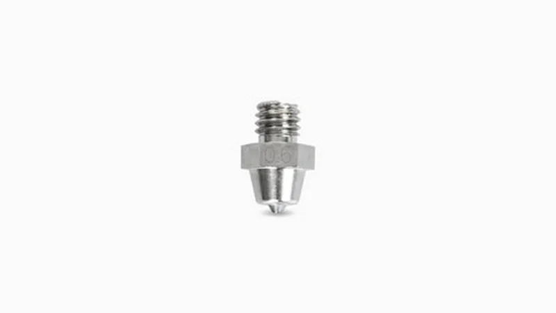 Metal nozzle for Raise3D E2CF 3D printer on white background.